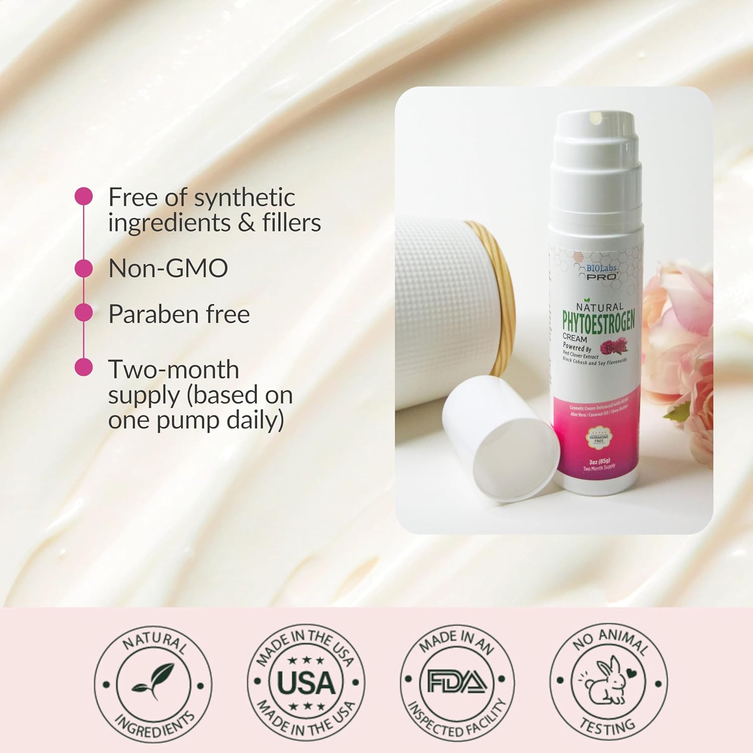 BIOLABS PRO Phytoestrogen Cream - Natural Plant Based Support, Hormone-Free Formula - Red Clover Extract, Black Cohosh & Soy Flavonoids - Two Month Supply - 3oz