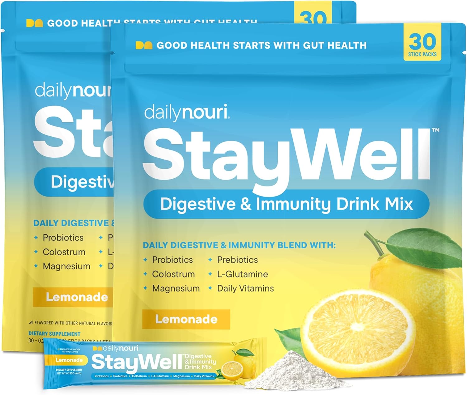 Nouri Daily StayWell Digestive & Immunity Drink Mix | Gut Health, Digestion & Bloating Relief | Probiotics, Prebiotics, Colostrum, L-Glutamine, Magnesium, Zinc, Vitamins | 30 Stick Packs (Pack of 2)