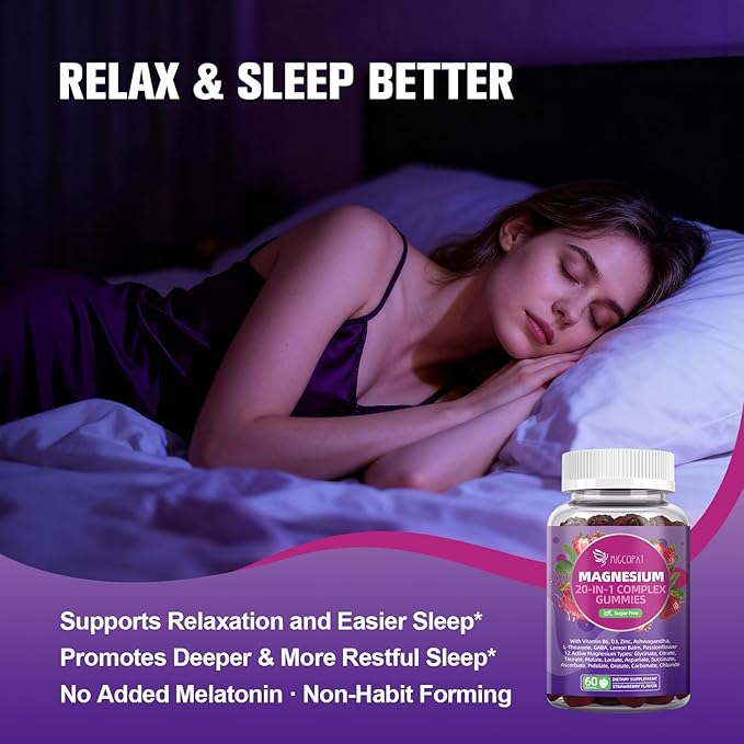 Magnesium Complex Gummies, 20 in 1 Magnesium Gummy with Glycinate Citrate Malate Taurate - Ashwagandha, L-Theanine, D3&Zinc for Relaxation, Sleep, Muscle&Heart Support, Strawberry, 60 Cts
