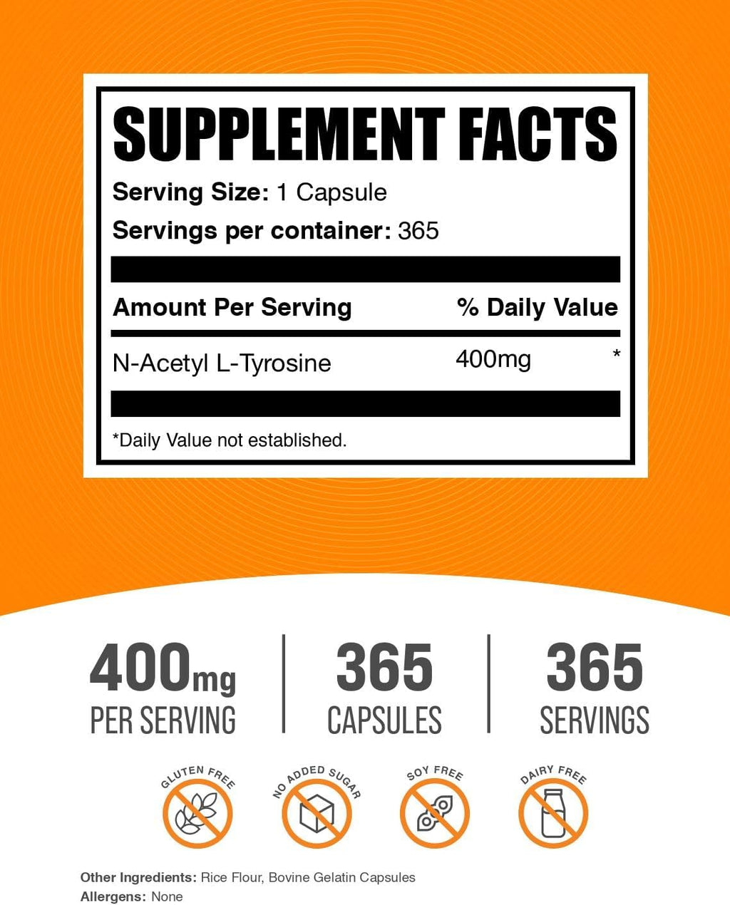 BulkSupplements.com N-Acetyl L-Tyrosine Capsules - Tyrosine Supplement, NALT Capsules, Amino Acid Supplement - Gluten Free, 1 Capsule per Serving, 365 Count (Pack of 1)