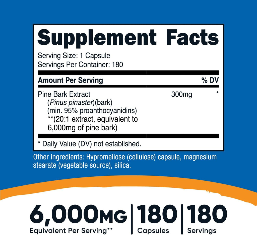 Nutricost Pine Bark Extract 6000mg Equivalent (from 300mg of 20:1 Extract), 180 Capsules, Standardized to Contain 95% Proanthocyanidins - Vegetarian, Non-GMO and Gluten Free