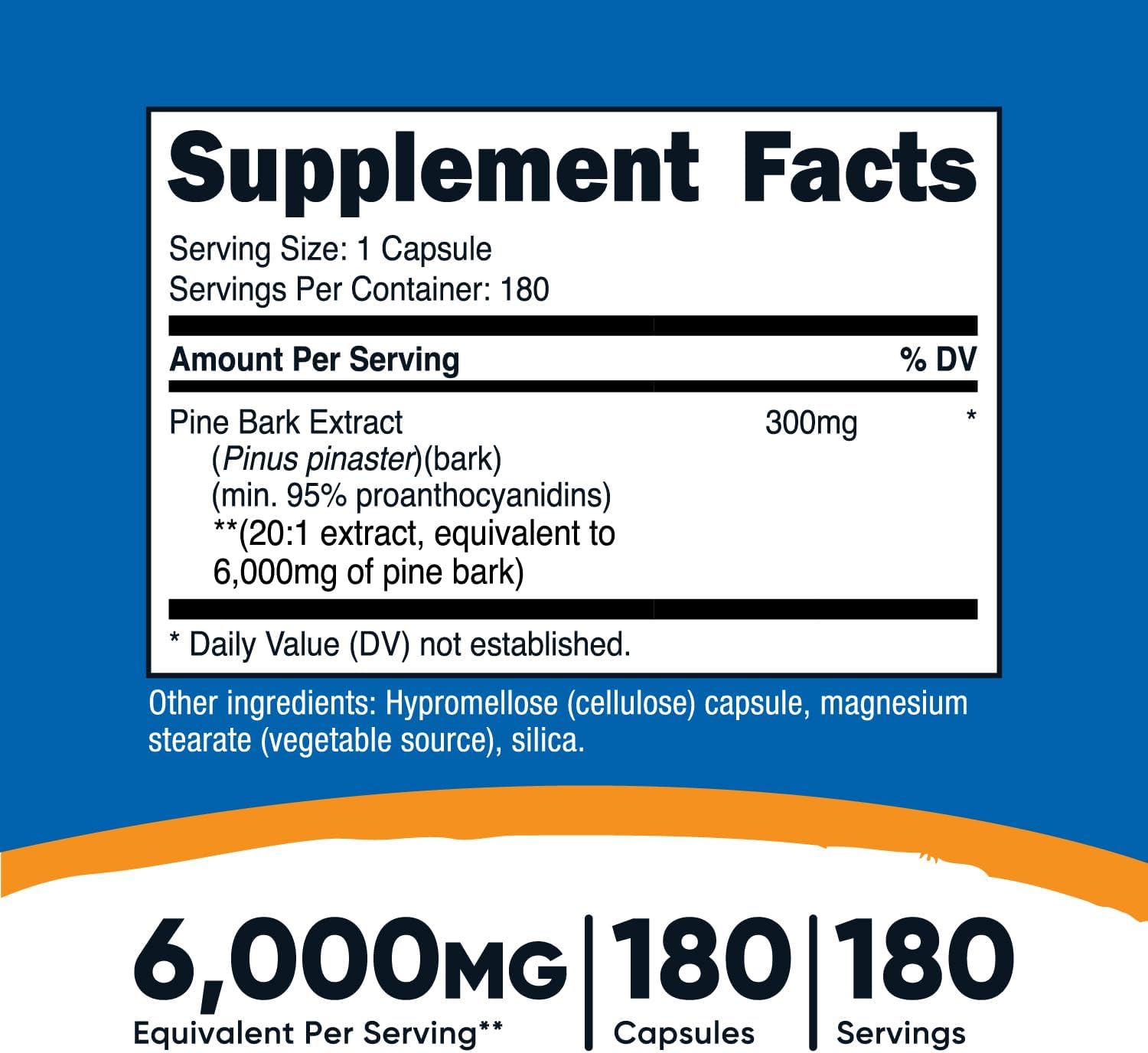 Nutricost Pine Bark Extract 6000mg Equivalent (from 300mg of 20:1 Extract), 180 Capsules, Standardized to Contain 95% Proanthocyanidins - Vegetarian, Non-GMO and Gluten Free