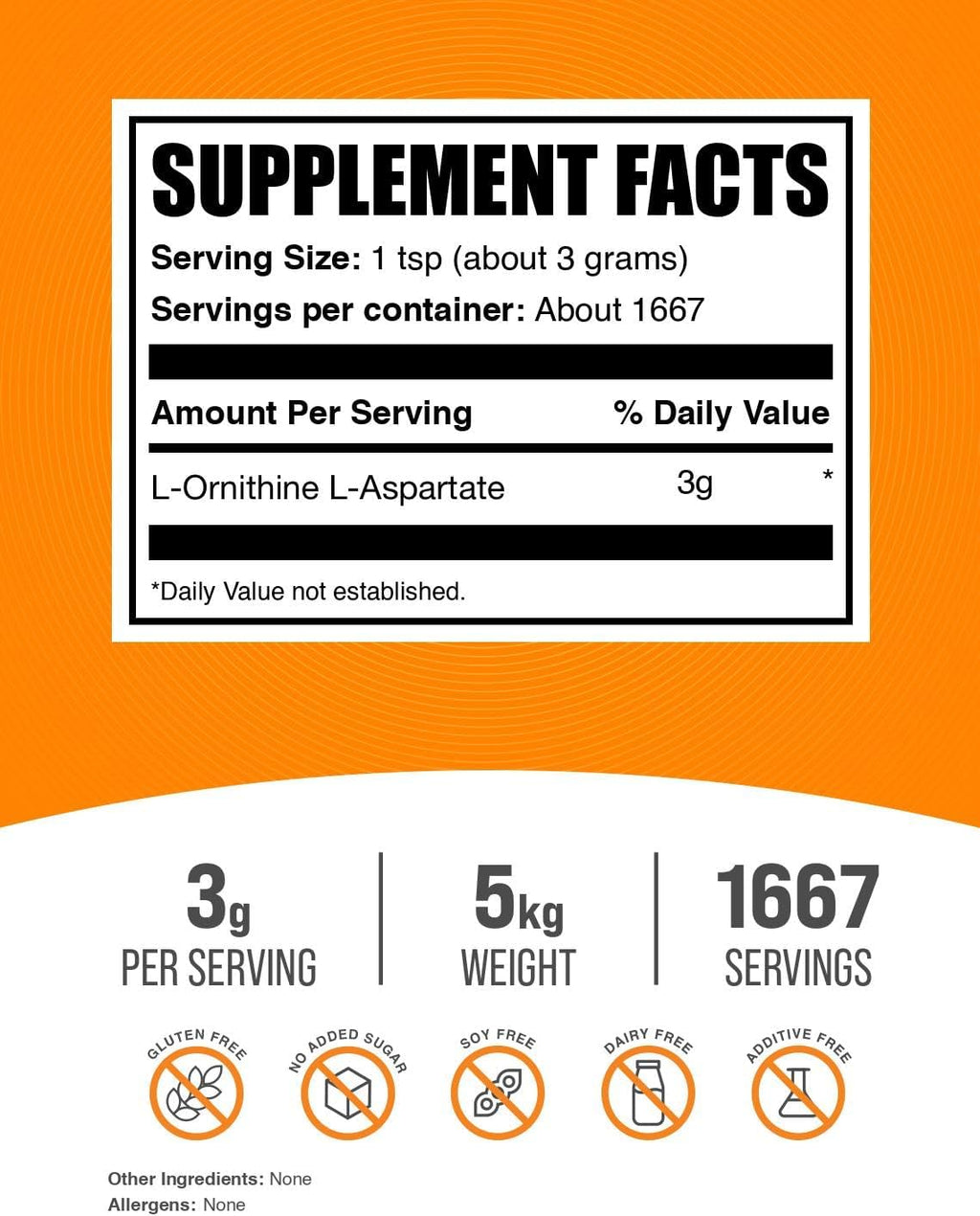 BulkSupplements.com L-Ornithine L-Aspartate Powder - Ornithine Supplement, Amino Acid Supplement - Gluten Free, 3g per Serving, 1kg (Pack of 5) (11 lbs)
