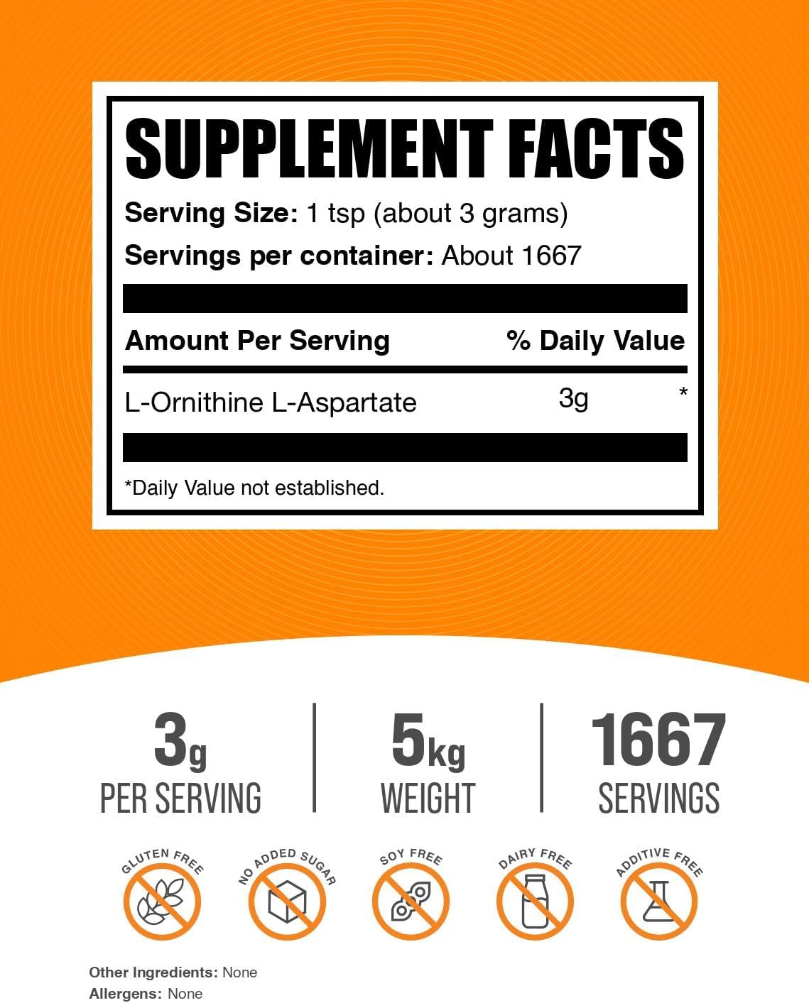 BulkSupplements.com L-Ornithine L-Aspartate Powder - Ornithine Supplement, Amino Acid Supplement - Gluten Free, 3g per Serving, 1kg (Pack of 5) (11 lbs)