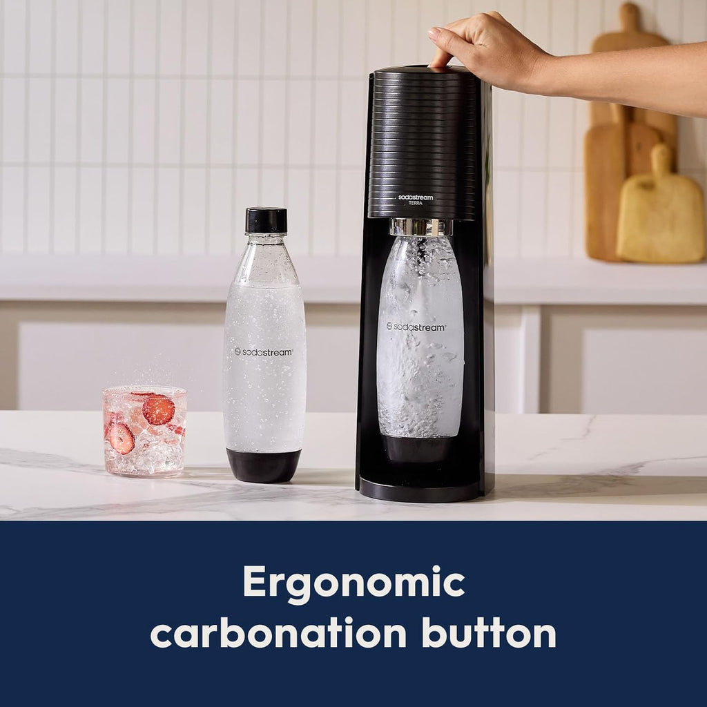SodaStream Terra Sparkling Water Maker Bundle in Black - includes 3-Pack CO2 and Carbonating Bottle