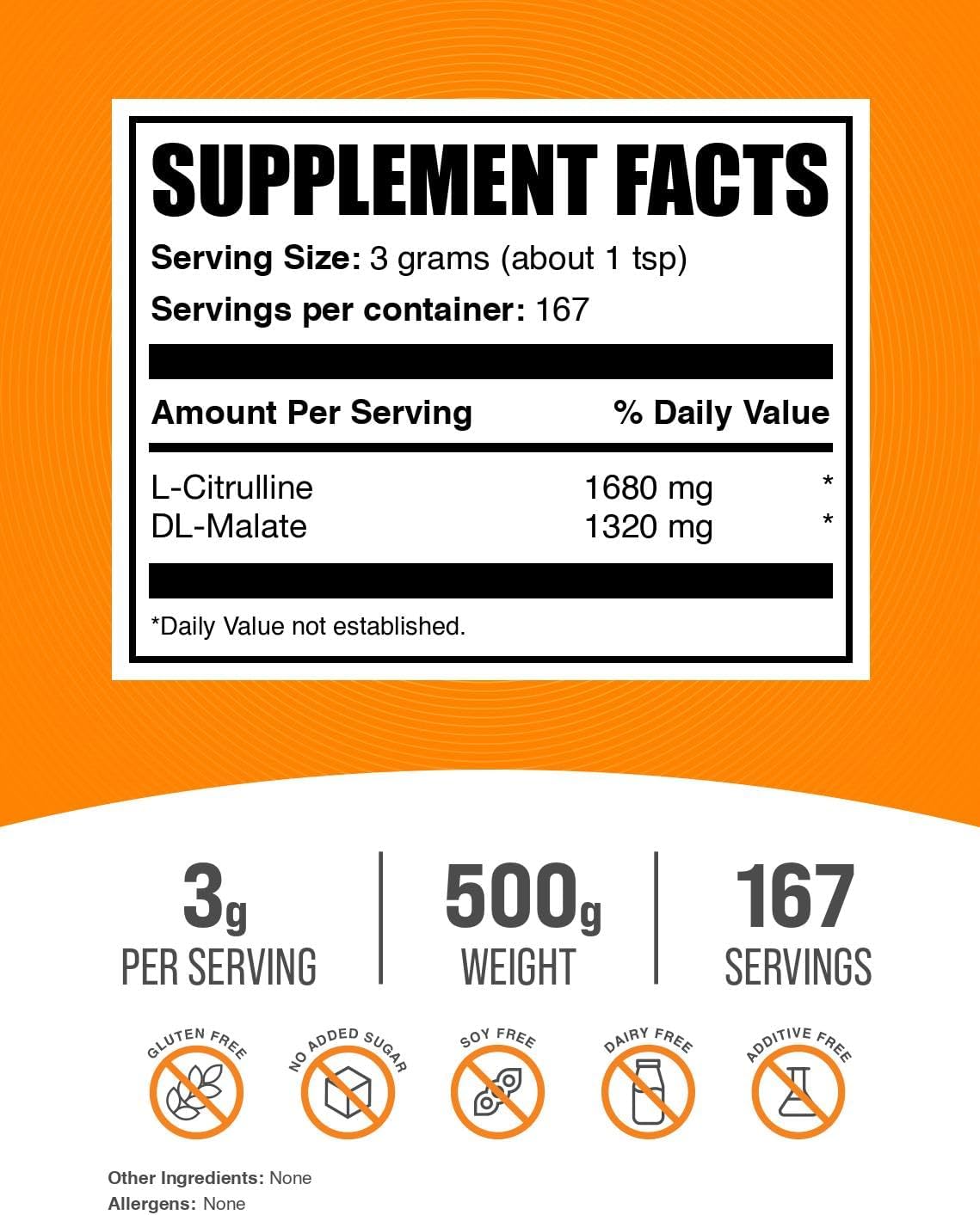 BulkSupplements.com L-Citrulline Malate 1:1 Powder - Citrulline Powder, Amino Acid Supplement - Unflavored & Gluten Free - 3g per Servings, 500g (1.1 lbs) (Pack of 1)