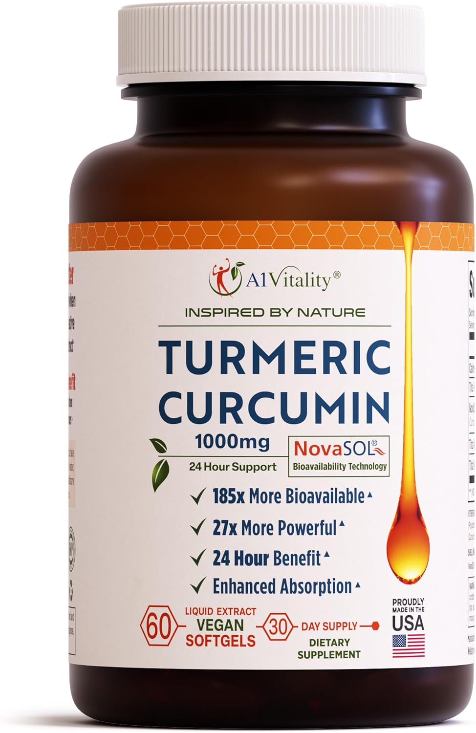 A1Vitality Vegan Turmeric Curcumin NovaSOL 1000mg - Nature's Joint Support Supplements - 185x Bioavailable Than Standard Curcumin - Natural Carrageenan Softgels (Vegan)