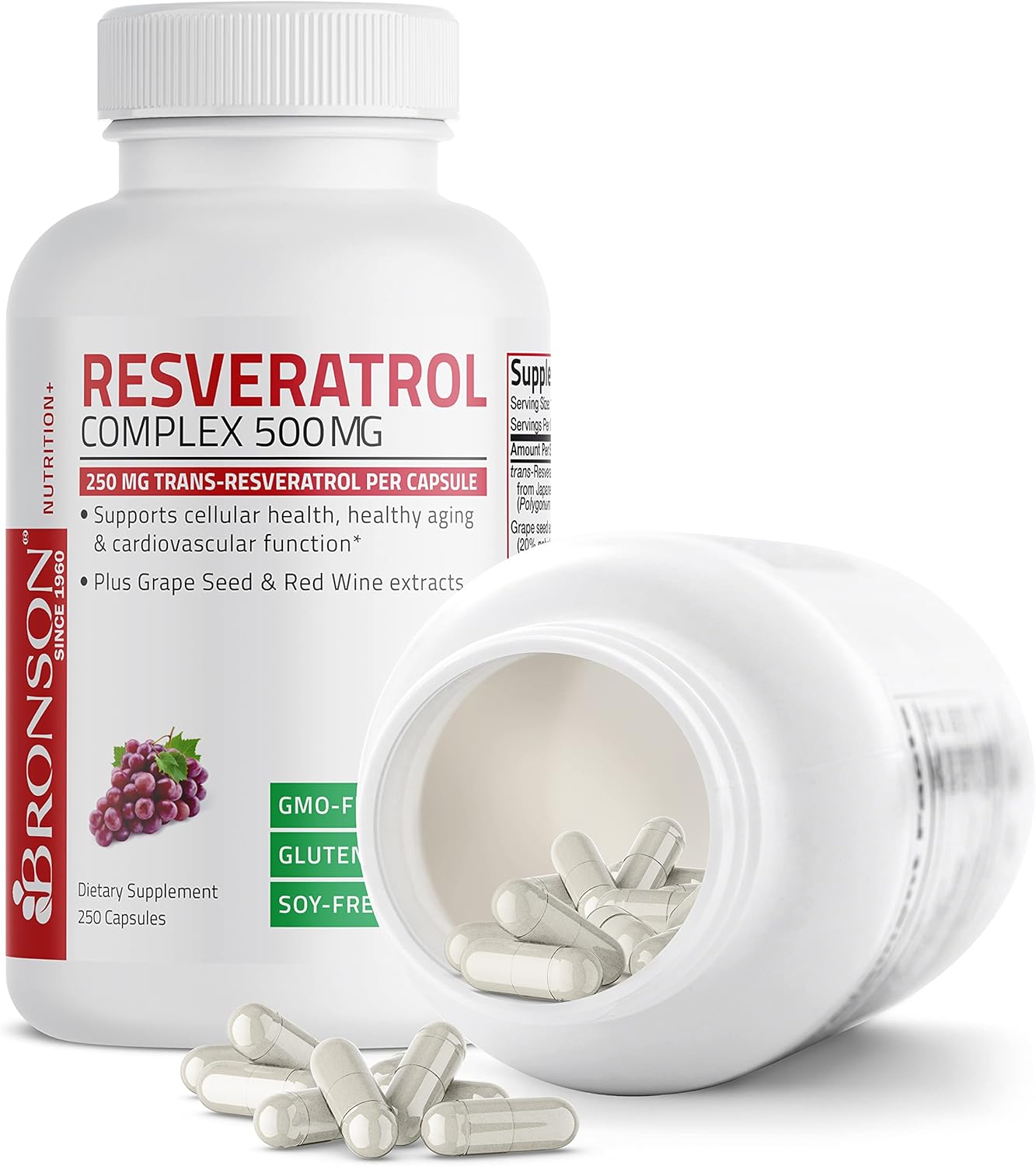 Bronson Resveratrol 500 Complex Standardized Trans-Resveratrol + Grape Seed & Red Wine Extract, 250 Capsules