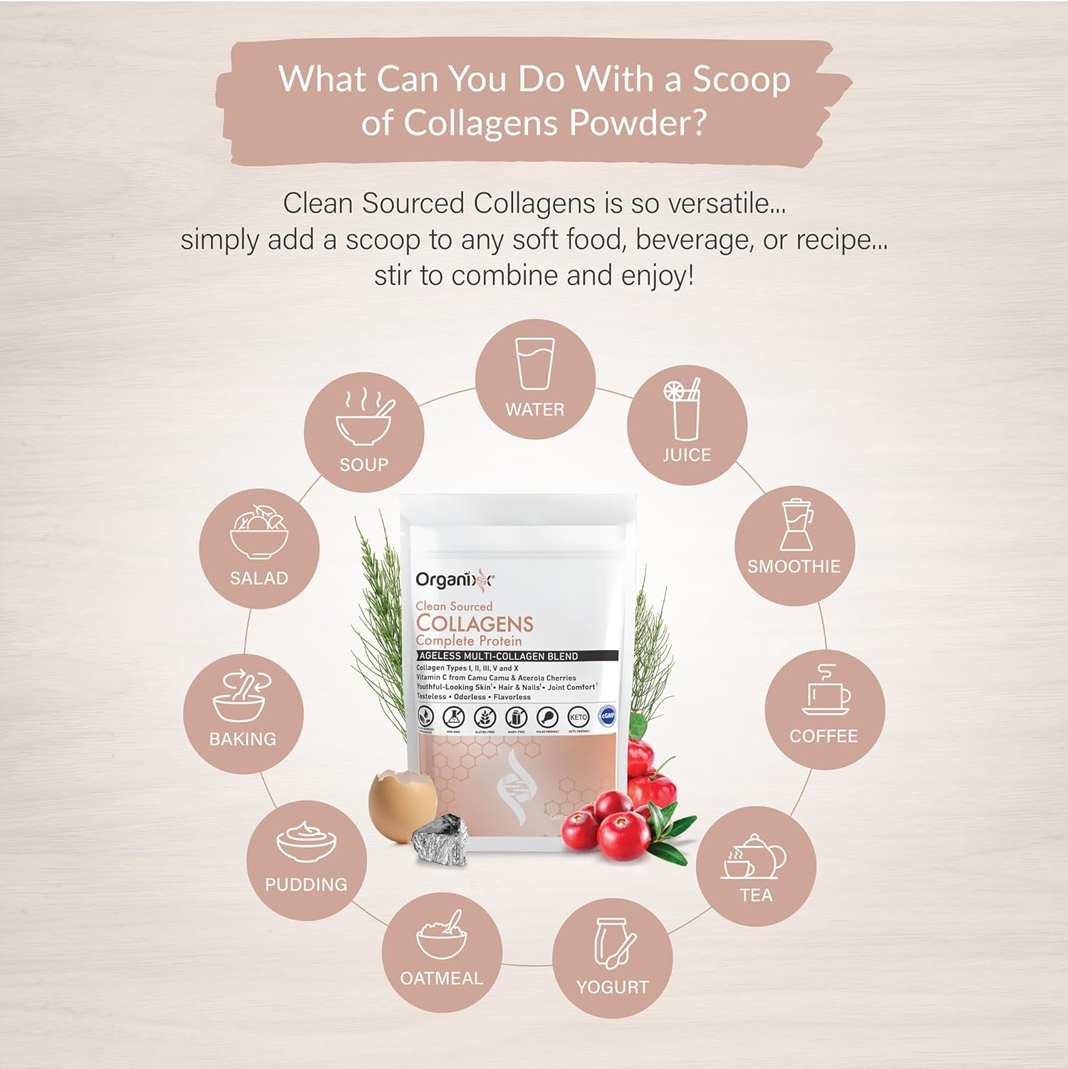 Organixx Collagen Peptides Powder with Vitamin C, Types I, II, III, V, X Hydrolyzed Collagen, Hair, Nail, Skin, Bone & Joint Health, Aging Support, Clean Sourced, Gluten Free, Unflavored, 30 Servings