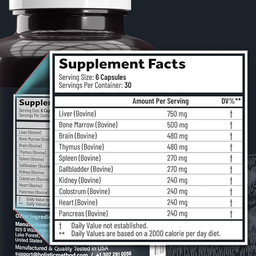 Beef Organ Supplement Complex - 10 Carnivore Grass Fed Proprietary Blend of Liver, Marrow, Brain, Thymus, Spleen, Kidney, Colostrum, Heart, Pancreas, Gallbladder - 180 Caps