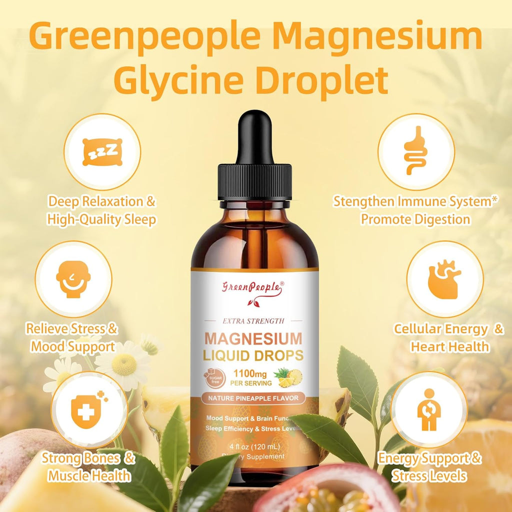 GREENPEOPLE Magnesium Glycinate Liquid Drop - 17-in-1 4Fl. Oz Triple Magnesium Complex Supplement with Glycinate 400mg & Citrate 500mg Taurate/L-Theanine for Calm Mood/Muscle/Sleep,Pineapple Flavor