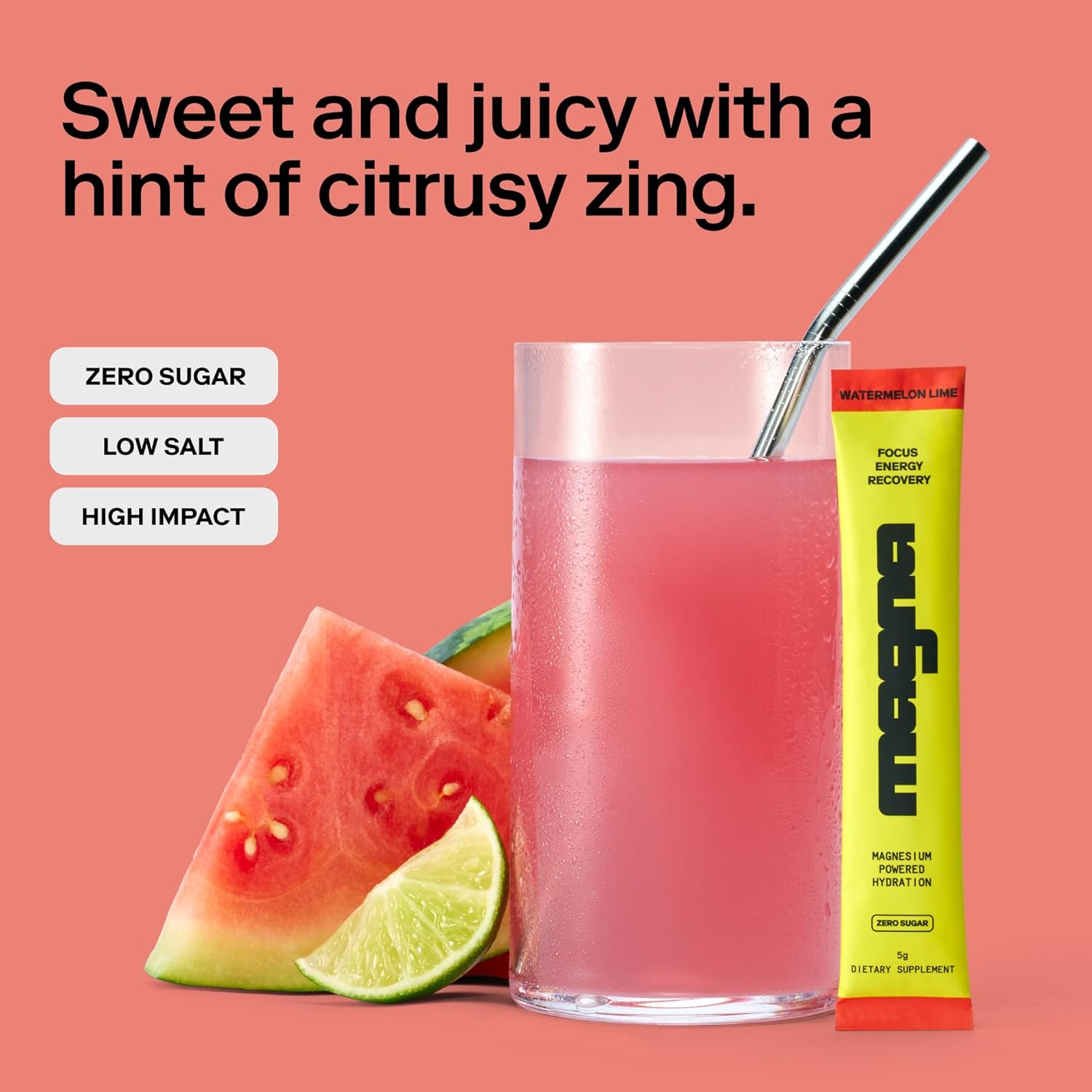 MAGNA Electrolyte Powder Drink Mix for Hydration, Energy & Focus Support with Magnesium L Threonate, Sodium, Potassium, Vitamin D, B6 & B12, Sugar Free, Watermelon Lime Flavor, 7 Servings