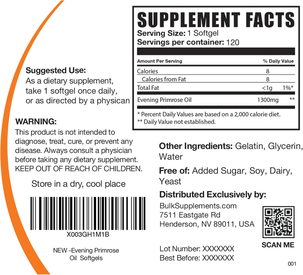 BulkSupplements.com Evening Primrose Oil Softgels - GLA Supplements, Evening Primrose Oil 1300mg - Gluten Free, 1 Softgel per Serving, 120 Count (Pack of 1)
