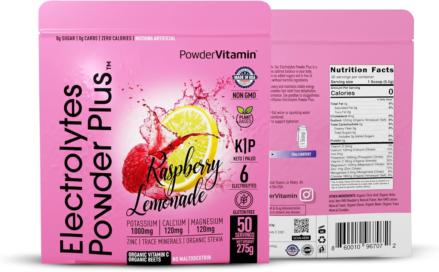 PowderVitamin Electrolytes Powder Plus (50 Servings) Raspberry Lemonade Electrolyte Powder Zero Calorie Keto, 0 Sugar, No Maltodextrin,1000mg Potassium,120mg Calcium,120mg Magnesium, Hydration Powder