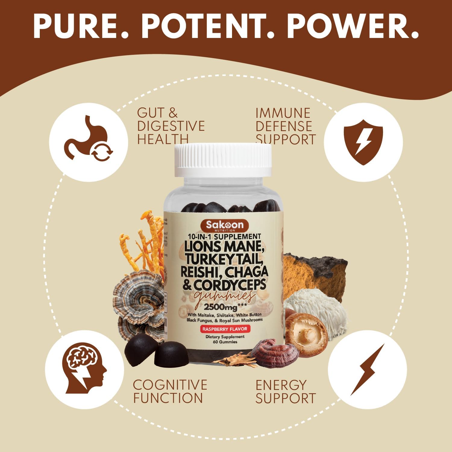 Sakoon nutrition Lions Mane Mushroom Gummies with Turkey Tail, Reishi & More, 2500mg, 60 Count, Raspberry Flavored