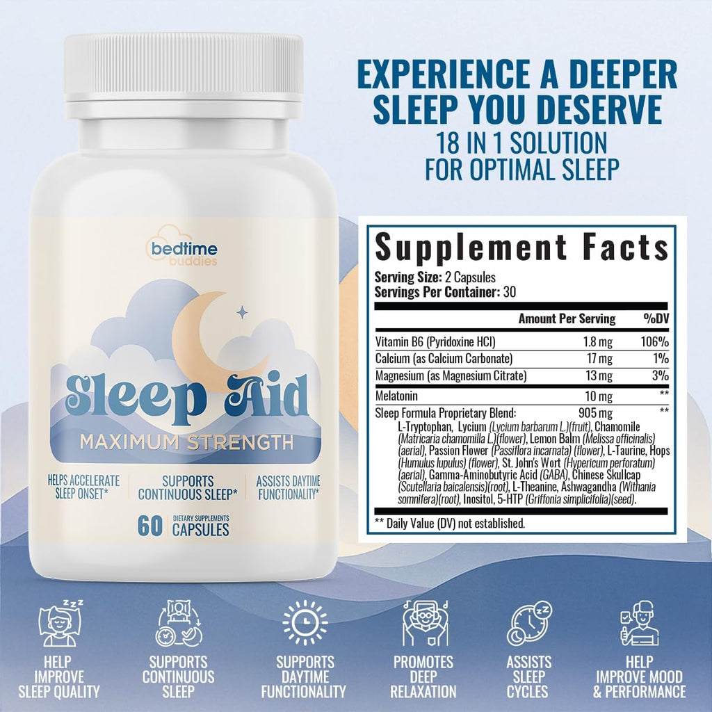 All in One Sleep Aid for Adults | Complete Sleep Support & Non-Habit Forming | Max Strength w/Melatonin, Magnesium, Lemon Balm & 15 Sleep-Promoting Ingredients – 3rd Party Tested | 60 Caps