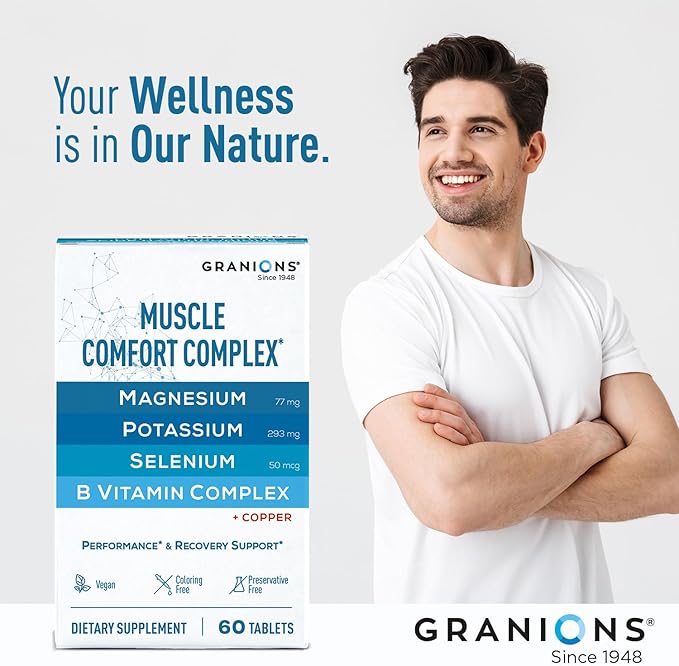 Granions Muscle Relaxer Pills Complex - Magnesium, Potassium, Selenium, Copper & B Vitamins Relaxant - Daily Comfort Supplement to Support Normal Muscle Function and Relaxation - 60 Tablets
