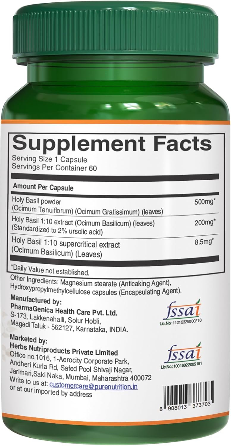 Pure Nutriton Tulsi Extract 708mg - 60 Caps (Extract Equiv. to 2585mg Basil Leaf Powder) with Eugenols and Ursolic Acid | 60 Veg Caps | Non GMO | Once Daily | 60 Days Supply.