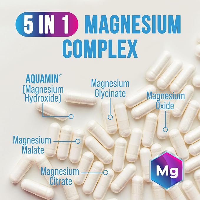 Magnesium Complex Supplement 500 mg - 5 in 1 High Absorption Blend, 100% Chelated Magnesium Glycinate & Malate Plus Citrate, Oxide, Aquamin - Non-GMO, Vegan Formula, Mag Complex Capsules - 120 Count