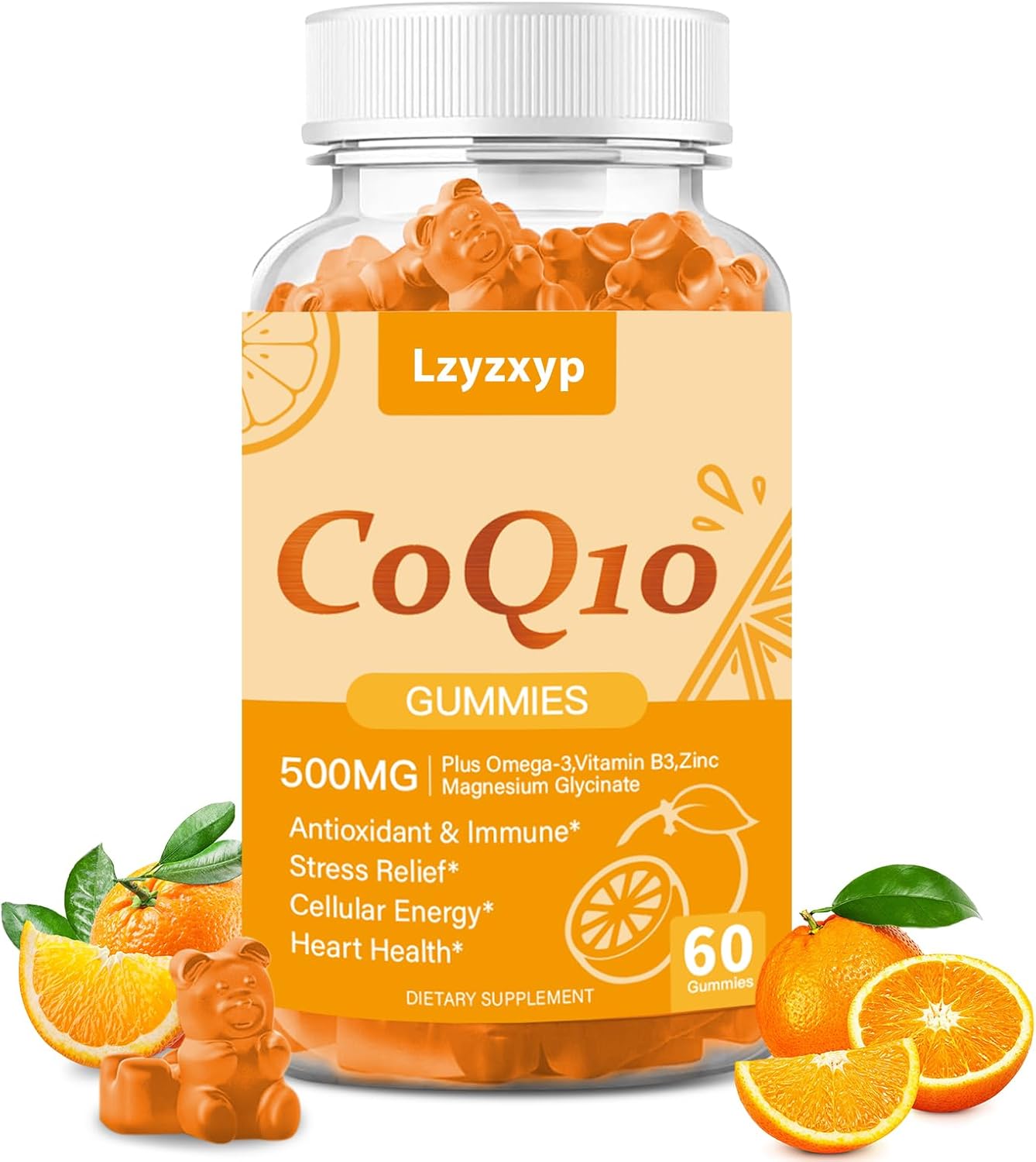 CoQ10 Oranges Gummies 500mg-3X Better Absorption Coenzyme Q10 Supplements - Plus Omega-3, Magnesium, Vitamin B3 & Zinc for Heart Health, Cellular Energy & Antioxidant, Vegan, Non-GMO 60 Ct (1)