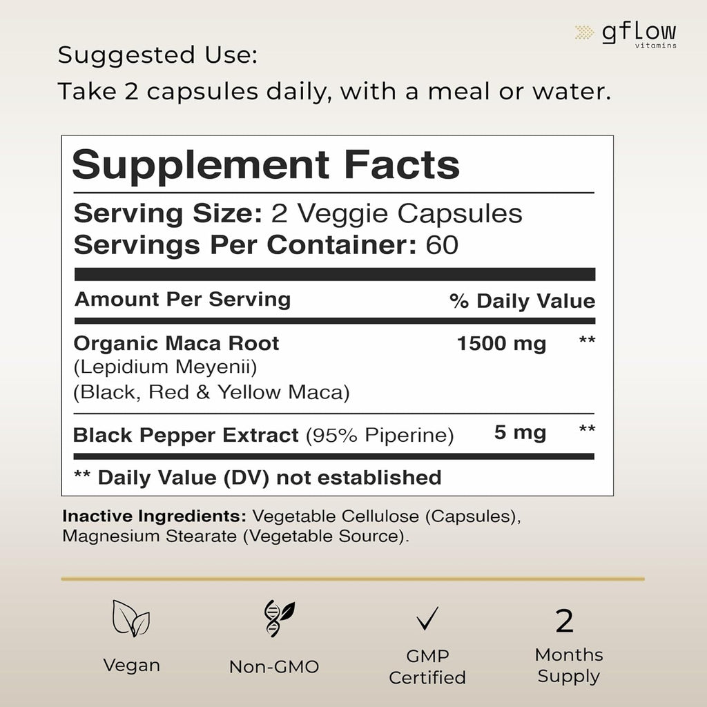 Organic Maca Root Capsules 1500mg - Made with Black, Red, Yellow Peruvian Maca Root Extract & Black Pepper - 120 Vegan Pills - Supports Energy, Performance & Mood for Men & Women