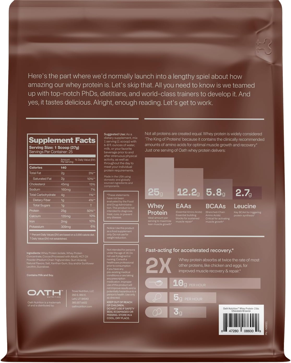 Whey Protein Powder, Chocolate Brownie, 25 Grams of Protein and Only 1 Gram of Sugar per Serving, 2 lbs, 25 Servings