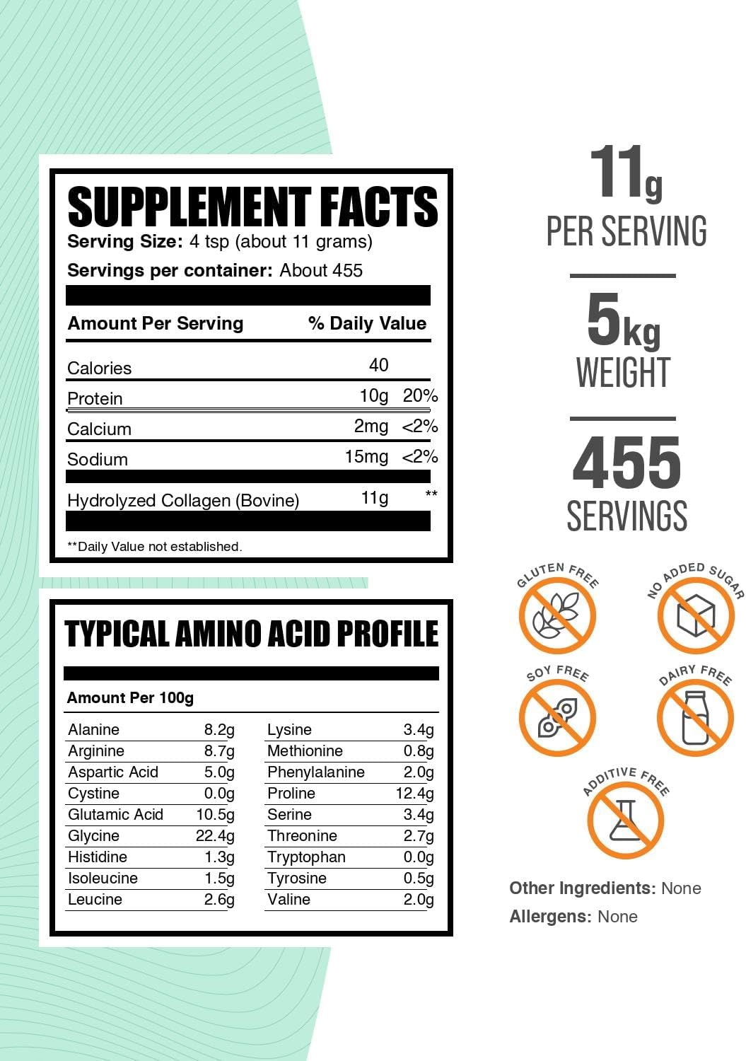 BulkSupplements.com Collagen Peptides Powder - Bovine Collagen Powder, Powdered Collagen Supplement - Hydrolyzed & Gluten Free, 11g per Serving, 1kg (2.2 lbs) (Pack of 5)