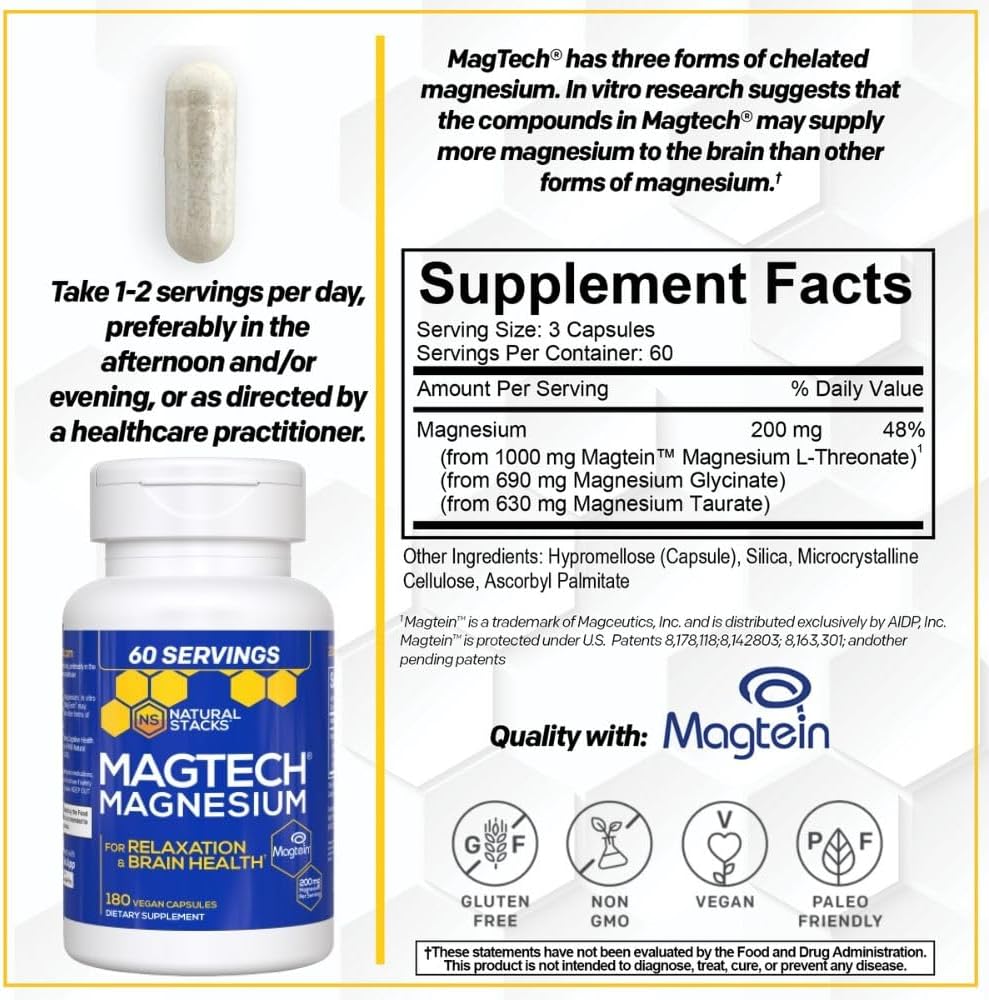 NATURAL STACKS Dopamine Brain Food + Magtech Magnesium Supplement Bundle - Supports Focus, Relaxation & Memory* - 240 Total Capsules
