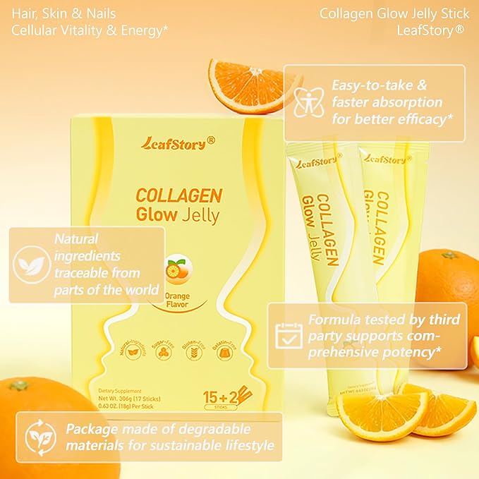 Collagen Glow Jelly 15+2 Sticks Support Skin, Hair & Nails Health, Balanced Energy Vitality Supplement