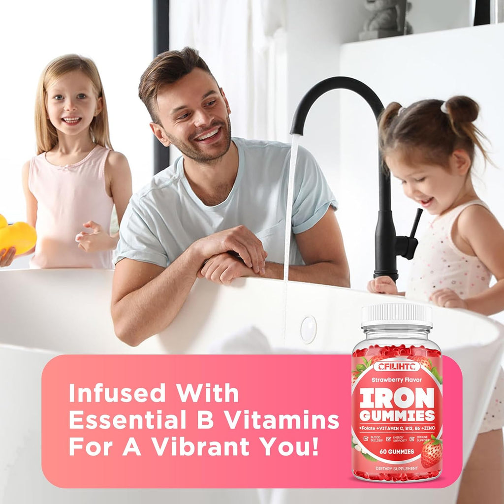 2 Pack Iron Gummies for Women & Men - Iron Supplement with Vitamin B6, B12, C, Zinc, Folate for Adults & Kids - Support Iron Deficiency, Anemia, Energy Boost, Blood Builder - Sugar Free Strawberry