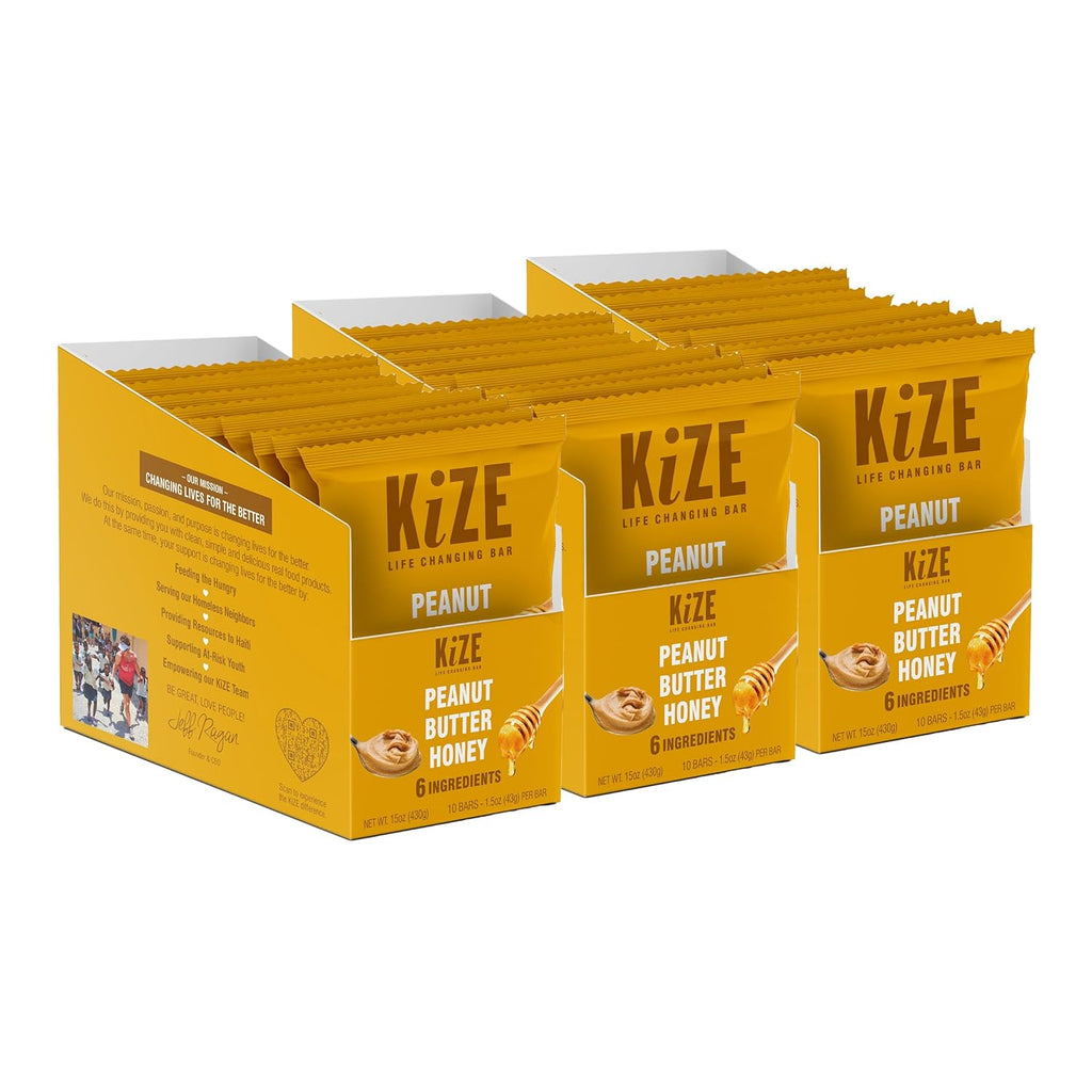 KiZE Energy Bars - Peanut Butter Honey - 30-Count - Gluten Free, Dairy Free, Non-GMO, and High Protein Meal Replacement Energy Bars, Clean and Simple Food Ingredients - 7g High Protein Snacks (30 Count)