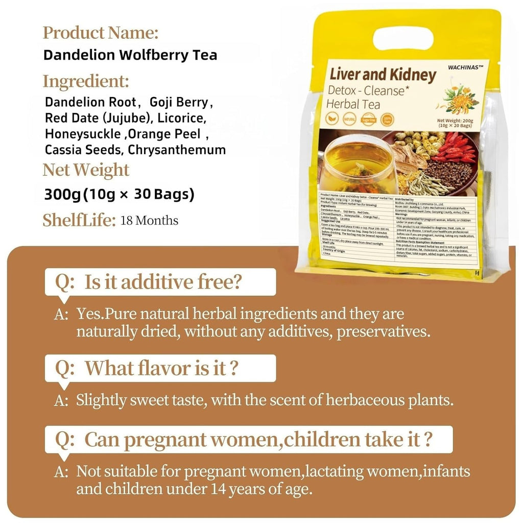Premium Kidney and Liver Detox Tea - 8 Herbal Blend with Dandelion, Goji Berry, Jujube, Licorice Root & Chrysanthemum - Caffeine & Sugar Free - 30 Individually Wrapped Pyramid Tea Large Bags (300g)