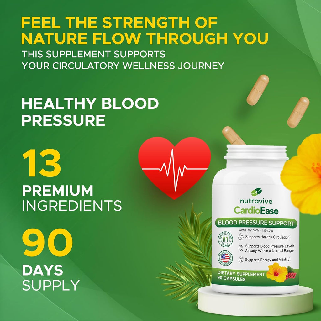 Nutravive Blood Pressure Support Supplement – Natural Heart & Circulation Support with Hawthorn, Garlic, Olive Leaf, Hibiscus & B12 – USA Made, GMP Facility - 90 Capsules