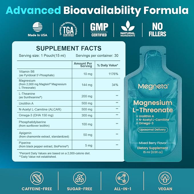 Magnesium L-Threonate Liquid, 2000mg Magnesium L-Threonate, Liposomal for High Absorption, with Urolithin A, N-Acetyl L-Carnitine & Omega-3, Brain, Memory, Focus & Sleep Support, 30 Pouches