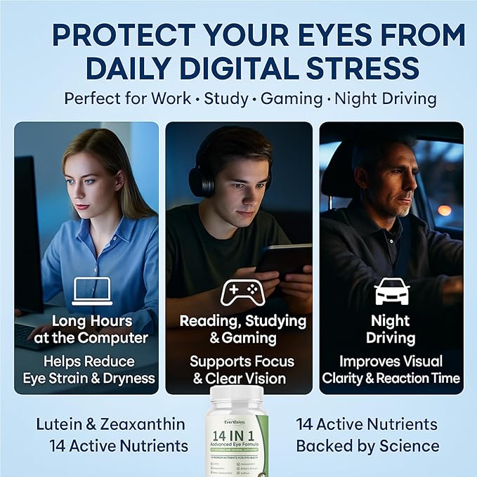 Evervision 14 in 1 Advanced Eye Formula, Eye Vitamin and Mineral Supplement with Zinc, Lutein, Zeaxanthin & Bilberry Extract, 60 Capsules (1)