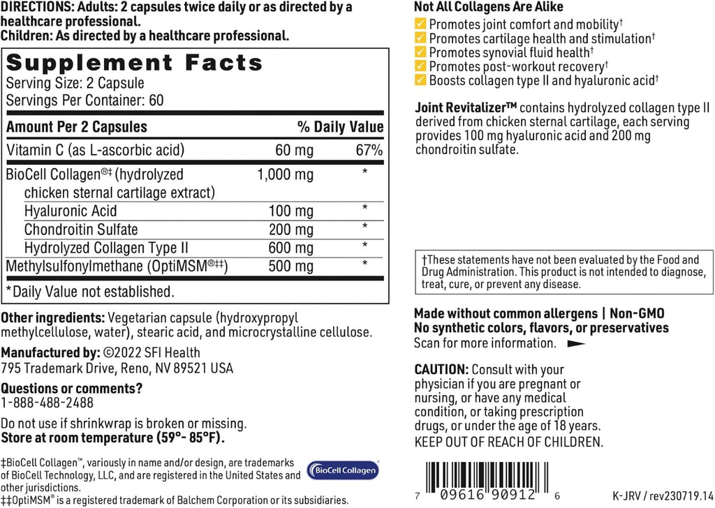 Klaire Labs SFI Health Joint Revitalizer - Patented Hydrolyzed Collagen Peptide Formula with Chondroitin, MSM & Hyaluronic Acid, Hypoallergenic Connective Tissue Support (120 Capsules)