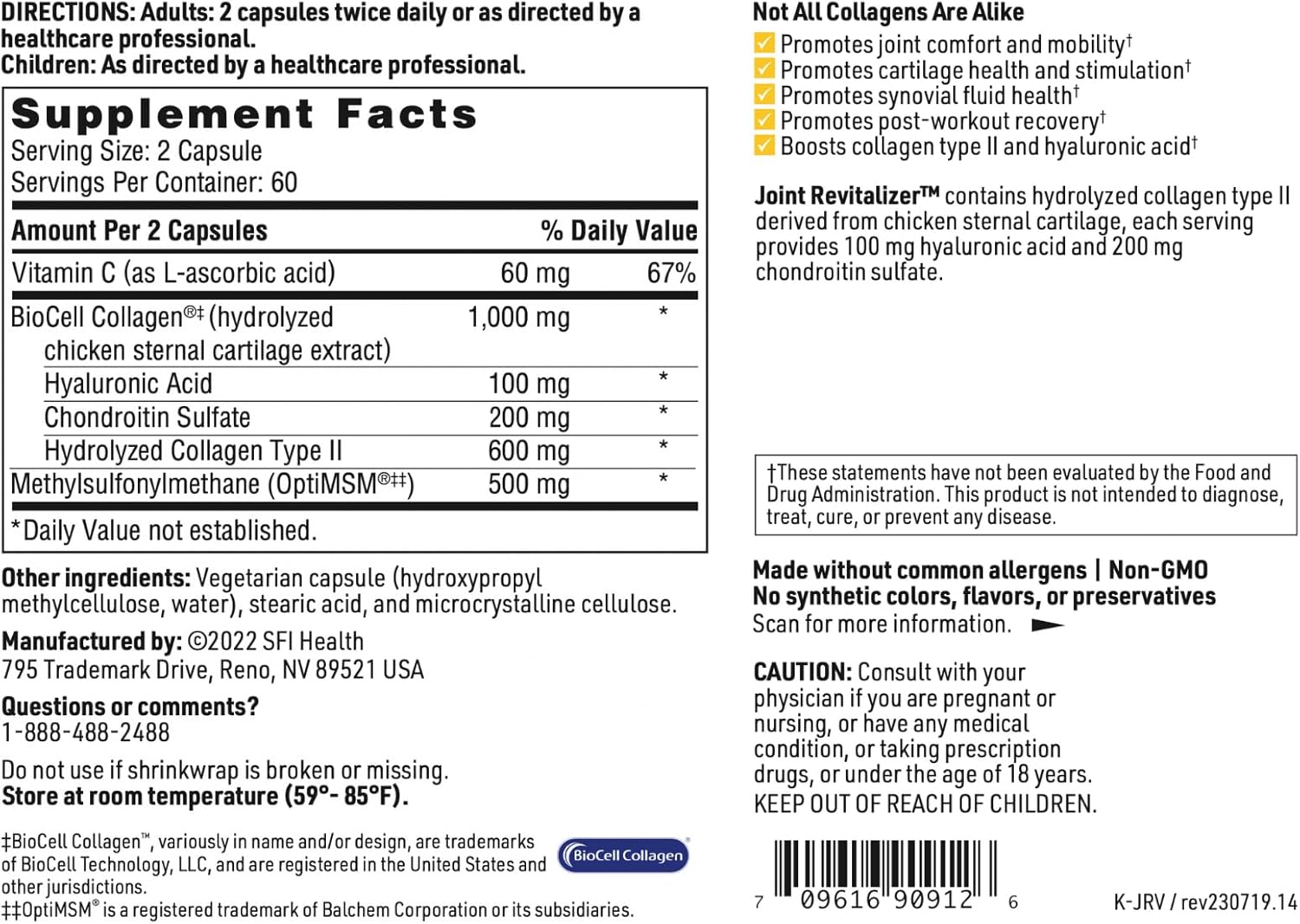 Klaire Labs SFI Health Joint Revitalizer - Patented Hydrolyzed Collagen Peptide Formula with Chondroitin, MSM & Hyaluronic Acid, Hypoallergenic Connective Tissue Support (120 Capsules)