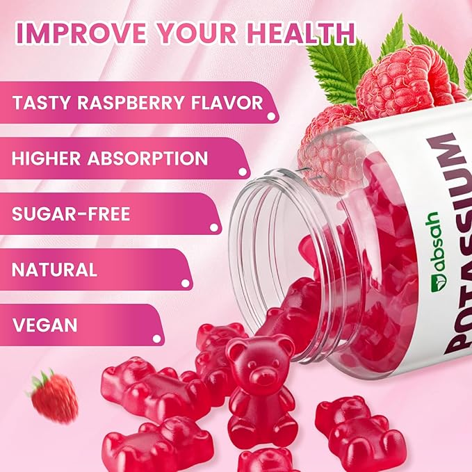 Potassium Citrate Gummies 1200mg, Sugar-Free Potassium Supplement for Adults Women & Men, Supports Leg Cramps & Muscle & Heart Health, Vegan, Gluten Free - Raspberry Flavor (60 Count)