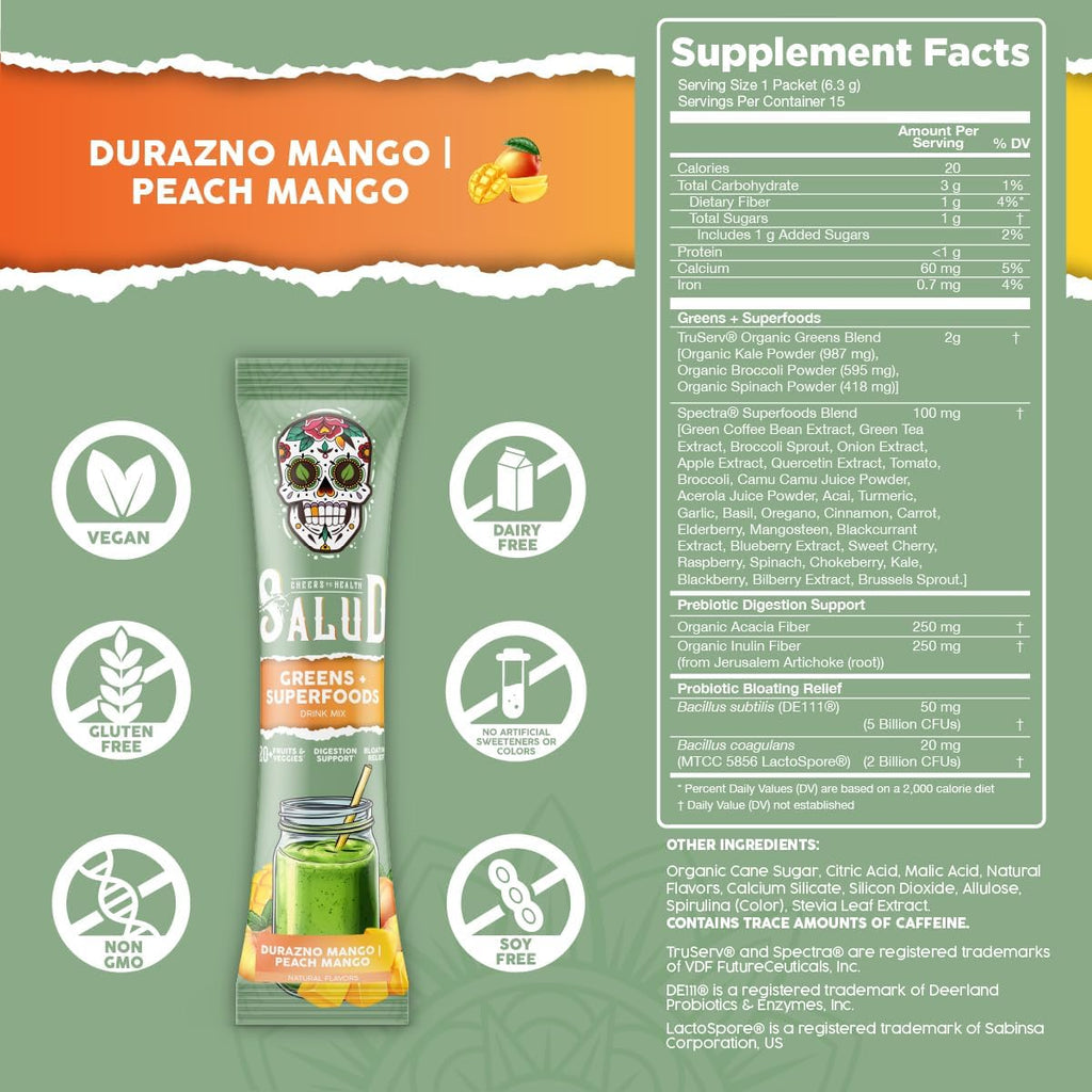 Salud 2-in-1 Greens Powder + Superfood Drink Mix Packets, 20+ Fruits and Veggies, Probiotics, Prebiotics, Supports Digestive Health, Bloating Relief, Vegan, Peach Mango (15 Servings)