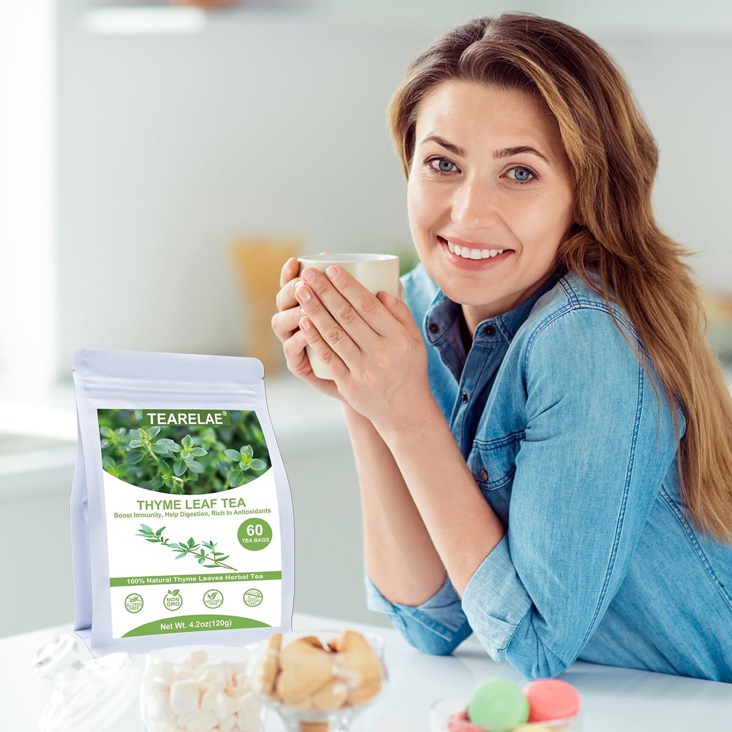 TEARELAE - Thyme Tea Bags - 60 Count - 100% Pure Natural Thyme Leaves - Help Digestion, Boost Immunity - Non-GMO - Caffeine-Free