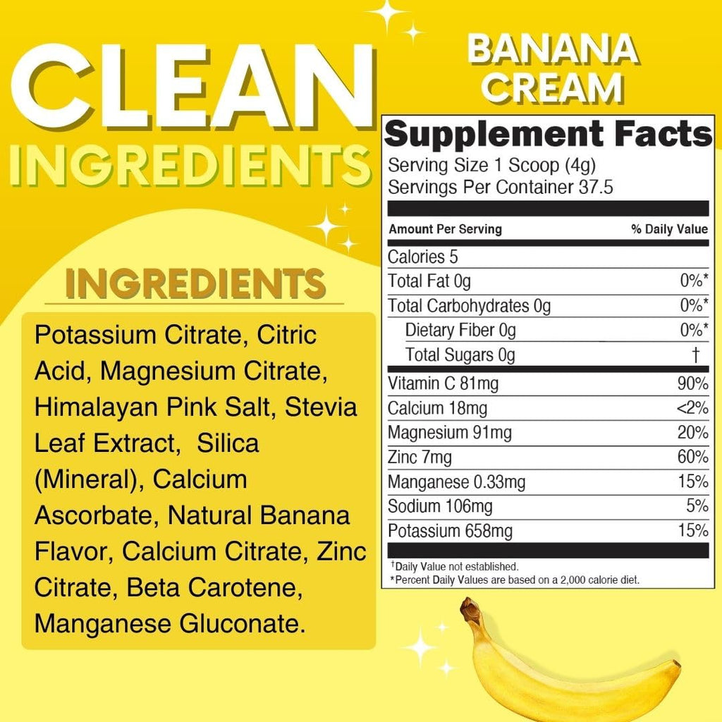 Zero Sugar - Banana Cream Electrolytes Powder - Refreshing Hydration - Caffeine Free Energy with All Natural Ingredients - Vegan, Keto & Paleo - Sugar Free Electrolytes Powder Drink Mix - 37 Servings
