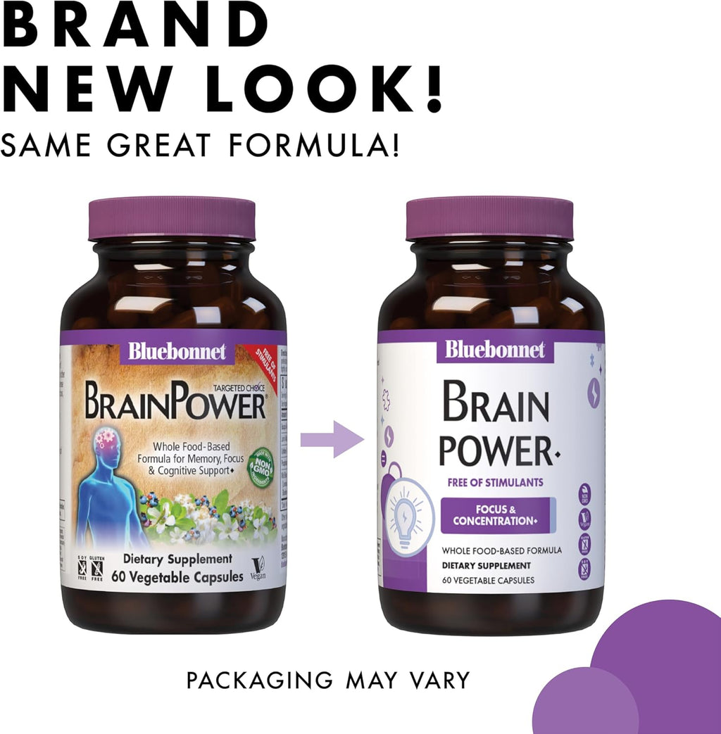 Bluebonnet Nutrition BrainPower – Whole Food-Based Nootropic Blend - for Brain Health*- Non-GMO, Vegan - Free of Gluten, Dairy, Soy & Stimulants - 30 Vegetable Capsules, 15 Servings
