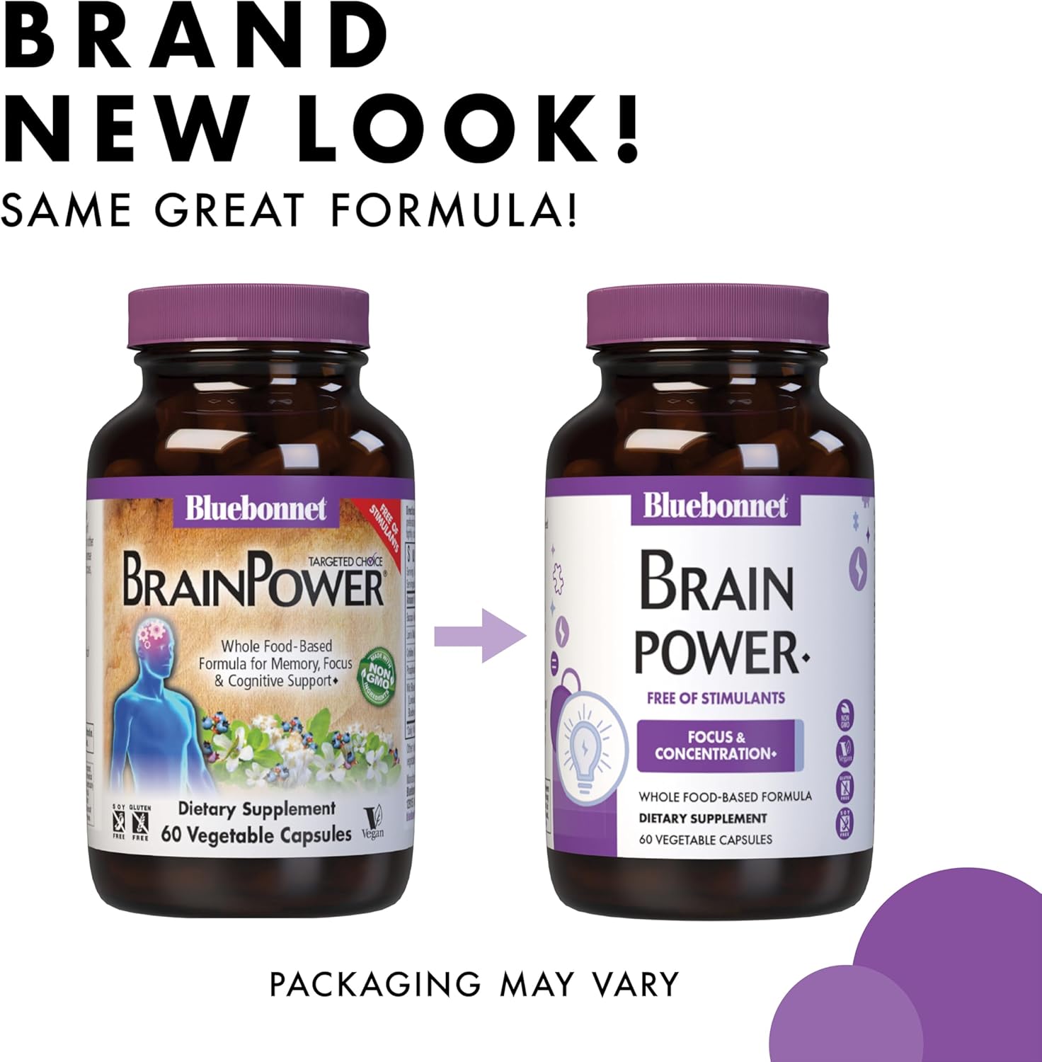 Bluebonnet Nutrition BrainPower – Whole Food-Based Nootropic Blend - for Brain Health*- Non-GMO, Vegan - Free of Gluten, Dairy, Soy & Stimulants - 30 Vegetable Capsules, 15 Servings