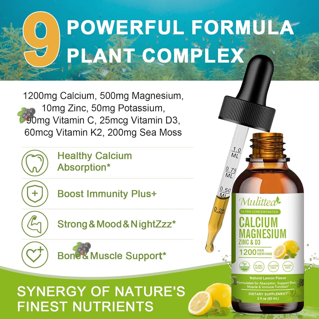 Calcium Magnesium Zinc Liquid with Vitamin D3, Magnesium Glycinate Plus Vitamin C K2| High Absorption Plant Calcium Supplement for Heart & Bone| Gluten Free，Sugar-Free | 60 Servings | Lemon Flavor