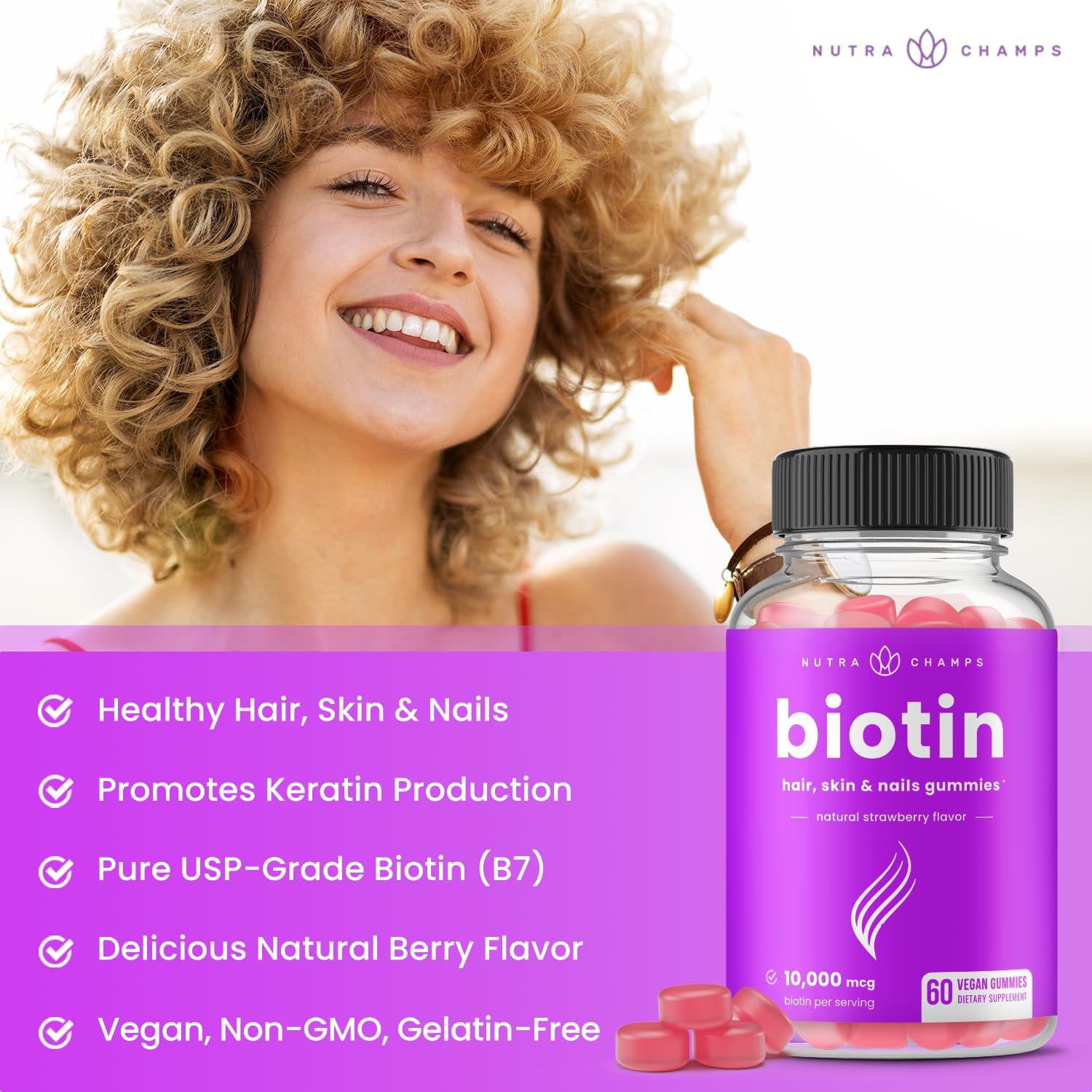Biotin Gummies 10000mcg [High Potency] for Healthy Hair, Skin & Nails Vitamins for Women, Men & Kids - 5000mcg in Each Hair Vitamins Gummy - Vegan, Non-GMO, Hair Health Supplement