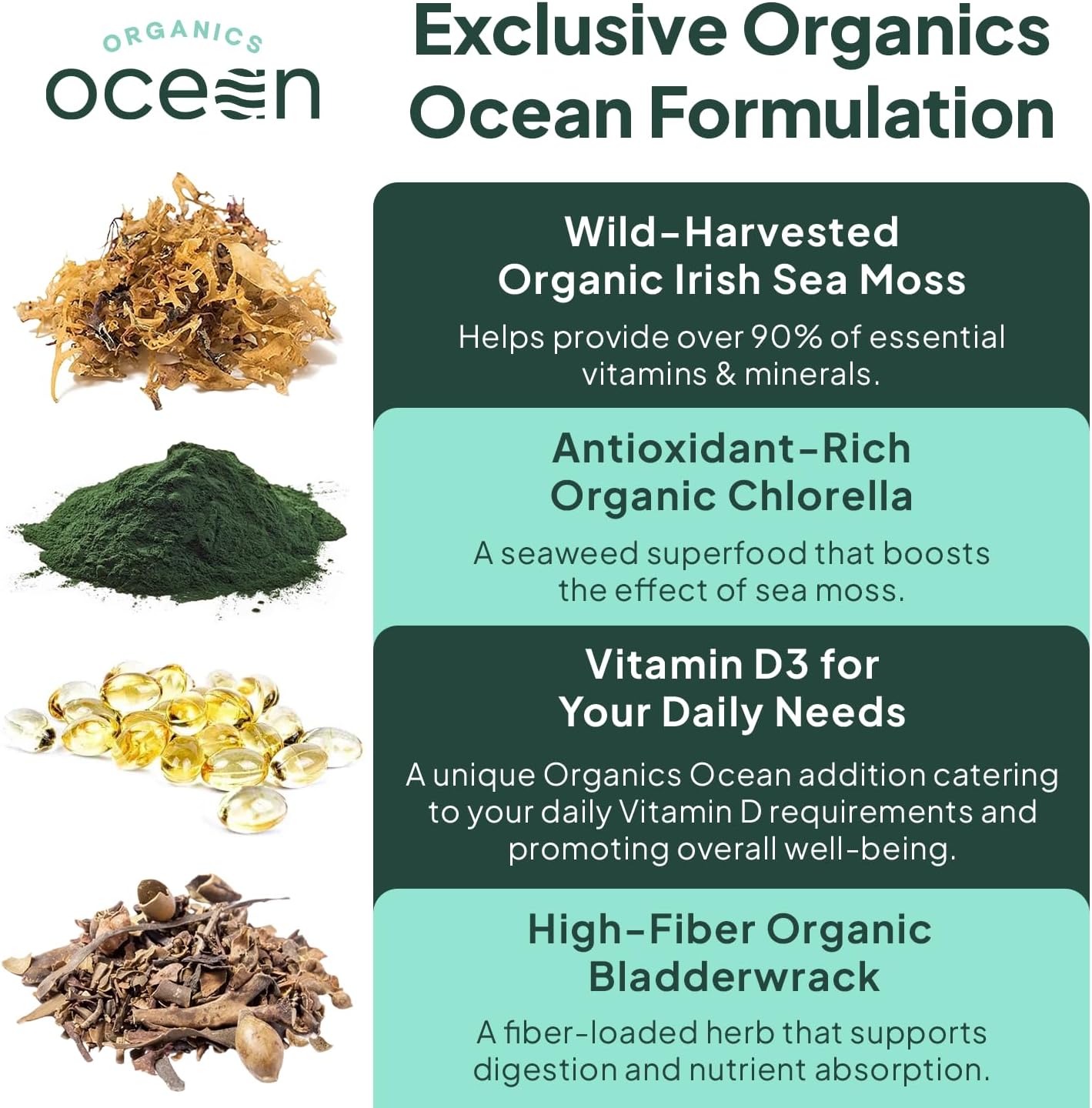 Wild Sea Moss Capsules - 100% Organic Irish Sea Moss with Organic Chlorella, Bladderwrack and Vitamin D for Energy, Lung Health and Thyroid Support for Women and Men - 6 Bottles