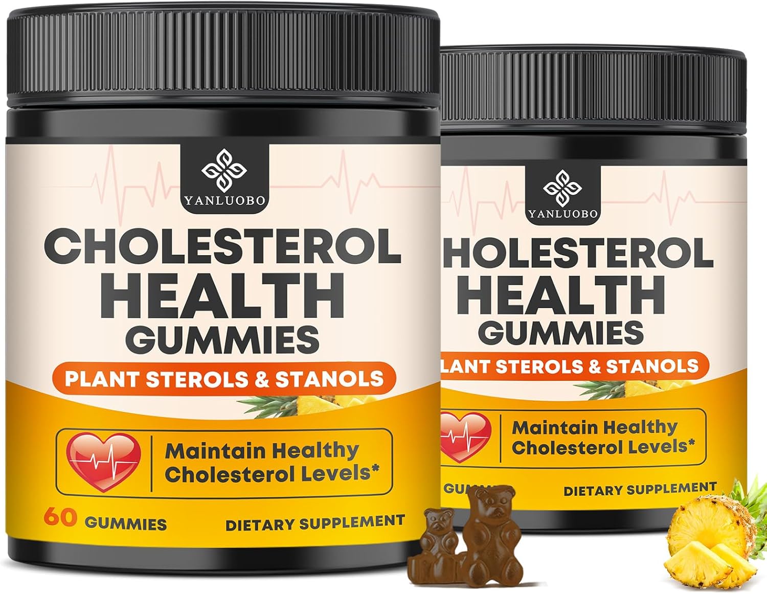 Cholesterol Supplements Gummies, Support Healthy Cholesterol Levels with 1200mg Plant Sterols & Stanols, Bergamot Orange Extract, Red Yeast Rice for Women & Men, Pineapple Flavor, 60 Counts (2 Pack)
