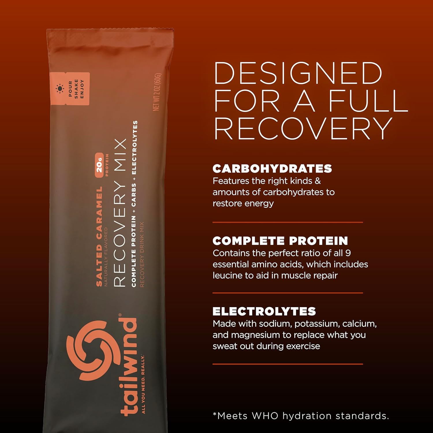 Tailwind Nutrition Recovery Mix, 20 Grams Complete Protein, Carbohydrates, and Electrolytes Powder Drink Mix for Post-Workout, Free of Gluten, Soy, and Dairy, Vegan, 12 Servings, Salted Caramel