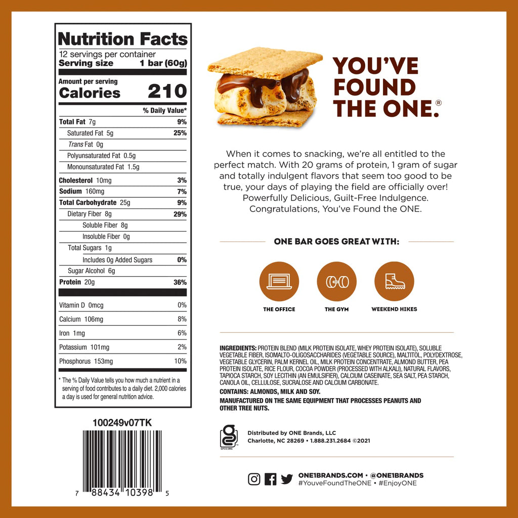 ONE Protein Bars, Smores, Gluten Free with 20g Protein and 1g Sugar, Pantry Staples, 2.12 oz (12 Count), Packaging May Vary