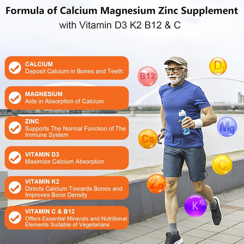 Calcium Magnesium Zinc Supplement with Vitamin C D3 B12 K2, 1000mg Calcium, 400mg Magnesium for Immune Energy Support, Bone Health and Muscle Function Softgels, 120 Count